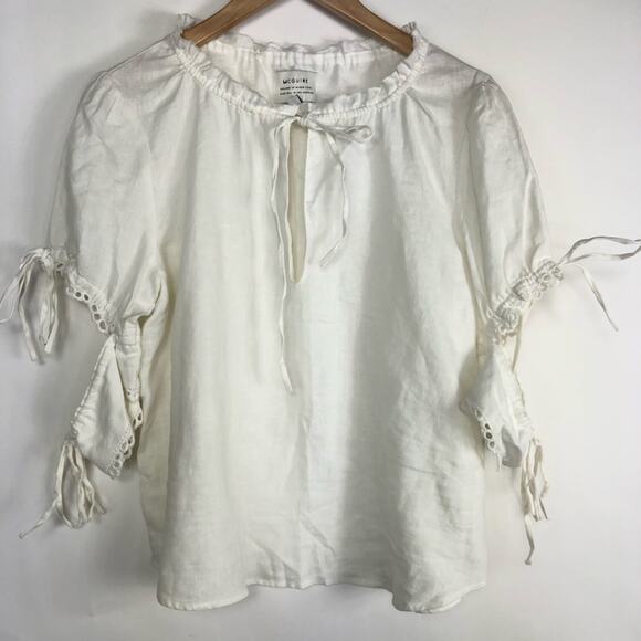 McGuire White 100% Linen Peasant Shirt Tie Eyelet Blouse Top Boho Casual XS - Picture 3 of 9